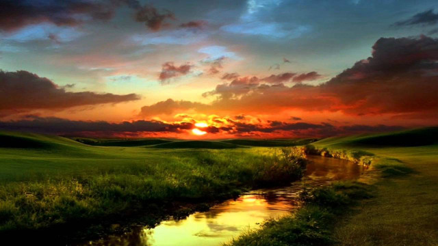 Sunset green field stream clouds free wallpaper for desktop - medium preview image