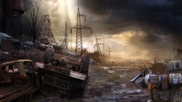 Junkyards telephone poles storm postapocalyptic free wallpaper for desktop - medium preview image