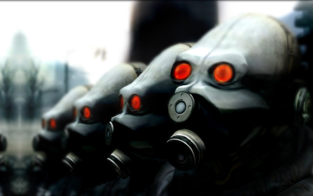 Gas masks red eyes city free wallpaper for desktop - medium preview image