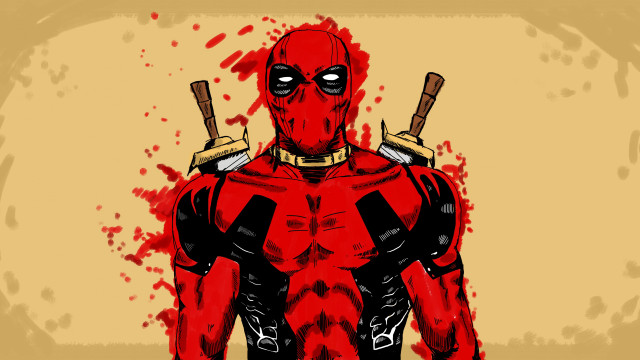 Deadpool swords blood splatters yellow free wallpaper for desktop - medium preview image
