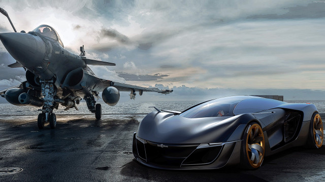 Futuristic car runway fighter jet free wallpaper for desktop - medium preview image