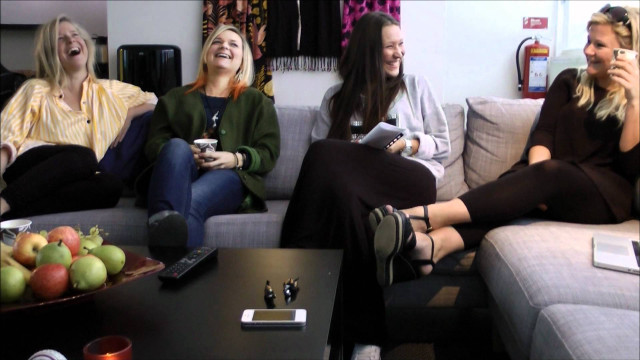 Three women couch laughing drinking free wallpaper for desktop - medium preview image