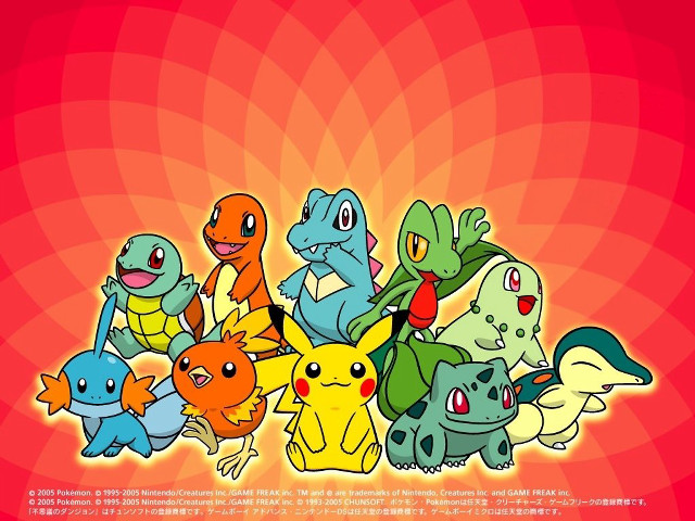 Pokemon starters red background checkered free wallpaper for desktop - medium preview image