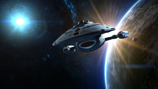 Spaceship flying planet sky bright free wallpaper for desktop - medium preview image