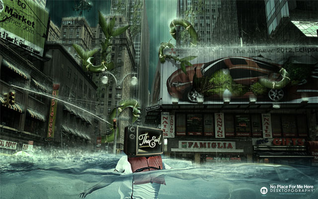Man walking flooded city street free wallpaper for desktop - medium preview image