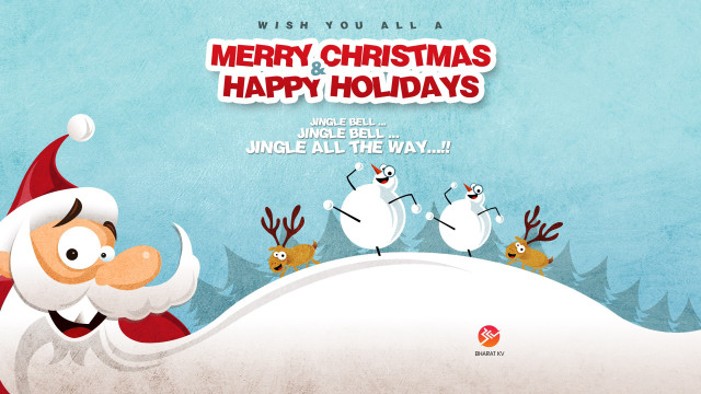 Cartoon santa reindeer snowmen background free wallpaper for desktop - medium preview image