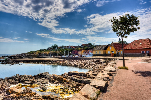 Small town rocky shore water free wallpaper for desktop - medium preview image
