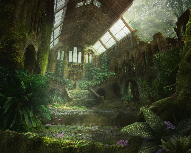 Building pond bridge painting middle free wallpaper for desktop - medium preview image