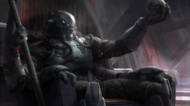 Futuristic man sitting chair metal free wallpaper for desktop - medium preview image