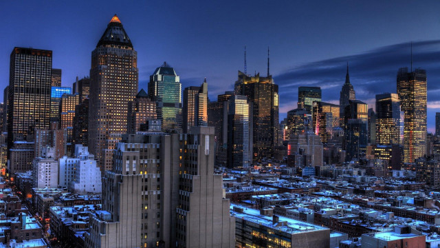 City skyline snow night blue free wallpaper for desktop - medium preview image