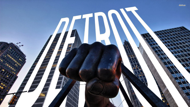 Hand metal giant cityscape Detroit free wallpaper for desktop - medium preview image