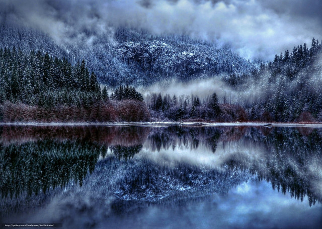 Snowy mountain lake trees fog free wallpaper for desktop - medium preview image