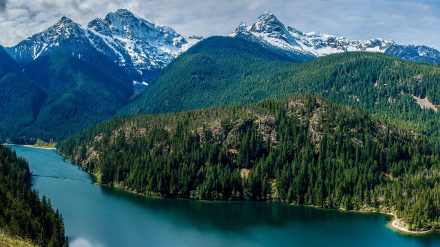 Mountain range lake trees snow free wallpaper for desktop - medium preview image