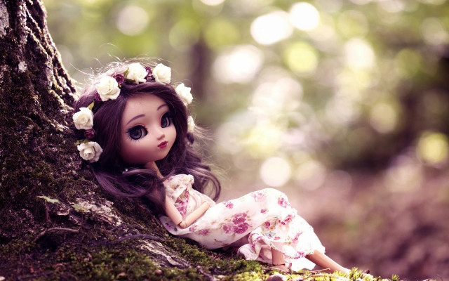 Doll sitting ground tree woods free wallpaper for desktop - medium preview image
