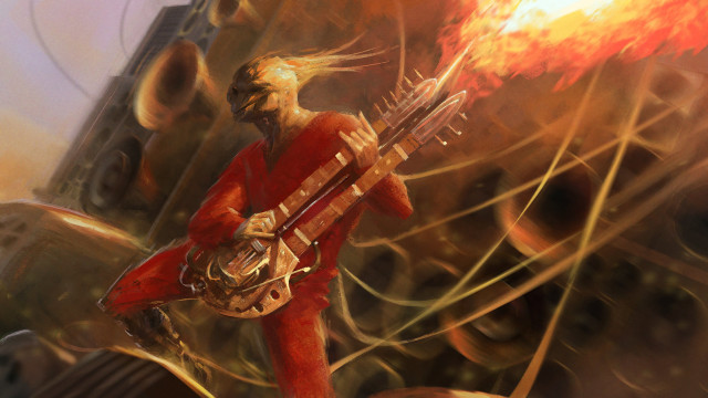 Man playing guitar fire building free wallpaper for desktop - medium preview image