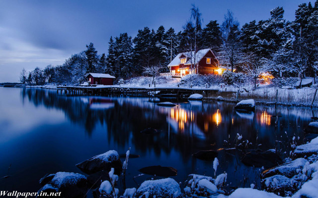House lake snow trees night #3 free wallpaper for desktop - medium preview image