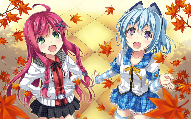 Anime girls colorful hair leaves free wallpaper for desktop - medium preview image