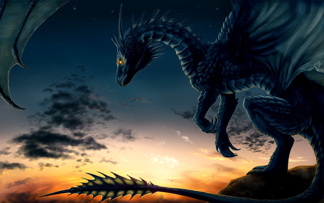 Dragon flying mountain sunset foreground free wallpaper for desktop - medium preview image