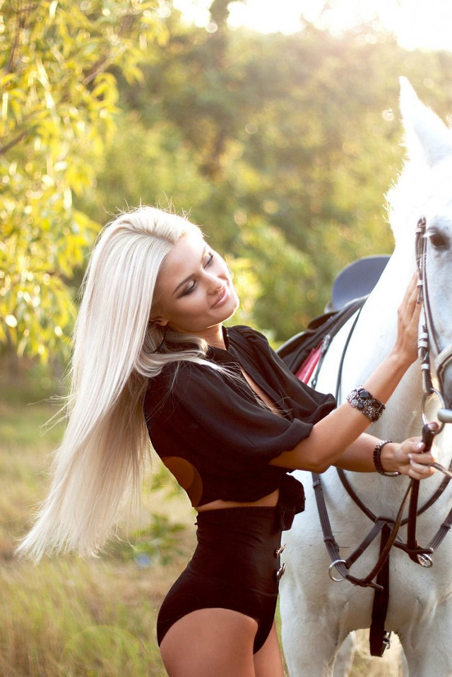 Woman black swimsuit white horse free wallpaper for mobile - medium preview image