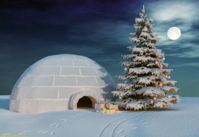 Snow igloo christmas tree toy free wallpaper for desktop - medium preview image