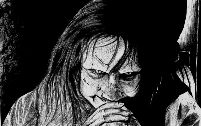 Creepy woman drawing hands mouth free wallpaper for desktop - medium preview image