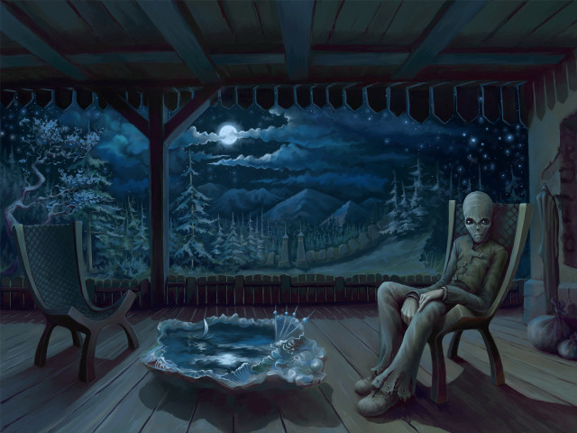 Skeleton chair night sky water free wallpaper for desktop - medium preview image
