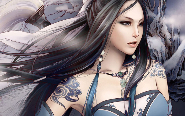 Woman tattoo snow tree fantasy free wallpaper for desktop - medium preview image