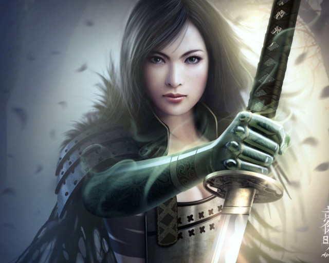 Woman sword green outfit wings free wallpaper for desktop - medium preview image