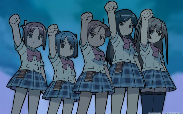 Girls school uniforms raising hands free wallpaper for desktop - medium preview image