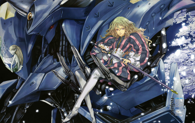 Anime character sitting giant blue free wallpaper for desktop - medium preview image