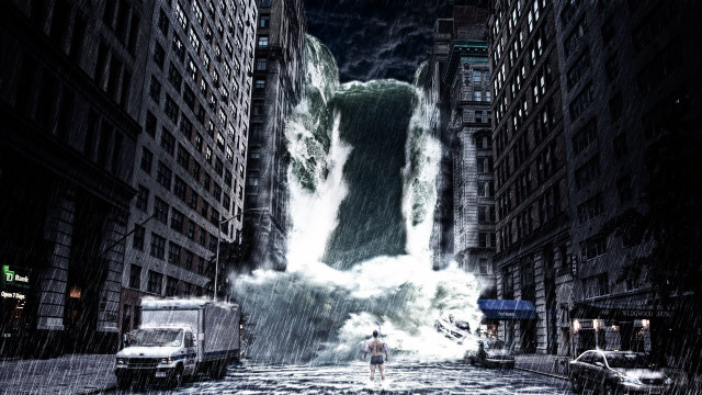 Man street waterfall city night free wallpaper for desktop - medium preview image