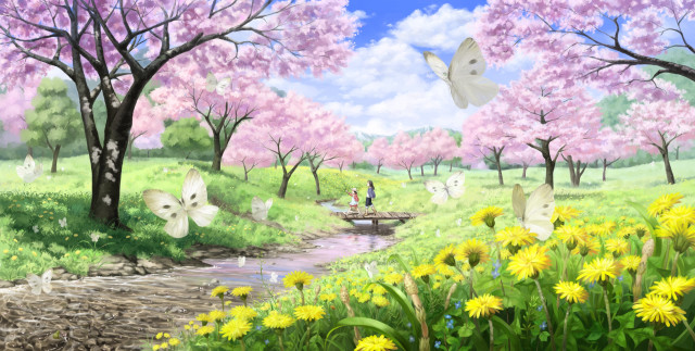 Park flowers trees stream people free wallpaper for desktop - medium preview image