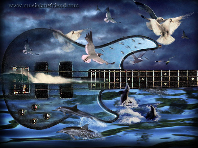 Guitar birds water boat painting free wallpaper for desktop - medium preview image