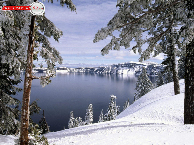 Lake snowy hill trees foreground free wallpaper for desktop - medium preview image