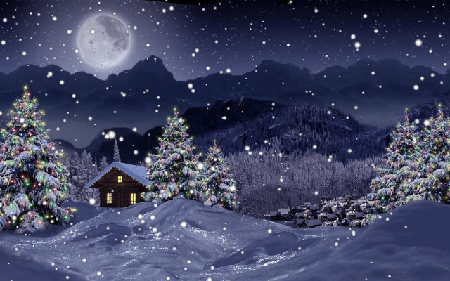 Snowy night cabin trees full free wallpaper for desktop - medium preview image