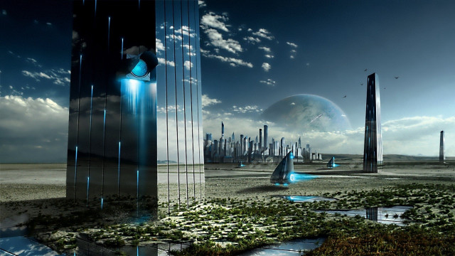 Futuristic city sky landscape blue free wallpaper for desktop - medium preview image
