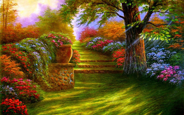 Garden flowers trees path bench free wallpaper for desktop - medium preview image