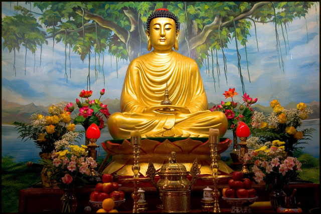 Golden buddha statue tree flowers free wallpaper for desktop - medium preview image