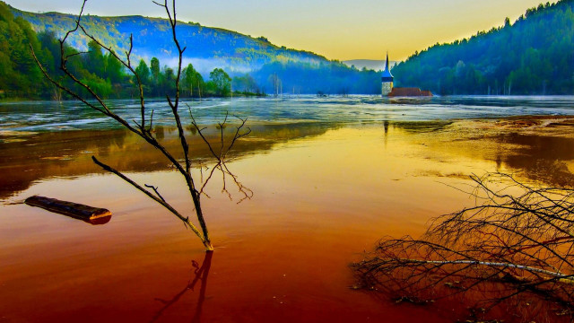 River boat trees mountain painting #2 free wallpaper for desktop - medium preview image