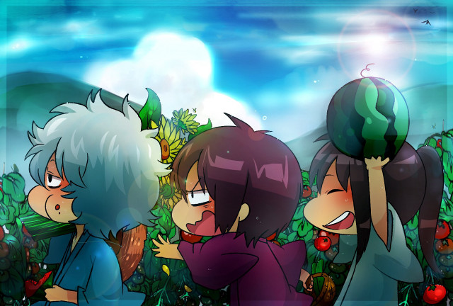 Three cartoon characters field plants free wallpaper for desktop - medium preview image