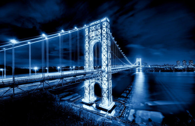 Lit bridge night city background free wallpaper for desktop - medium preview image