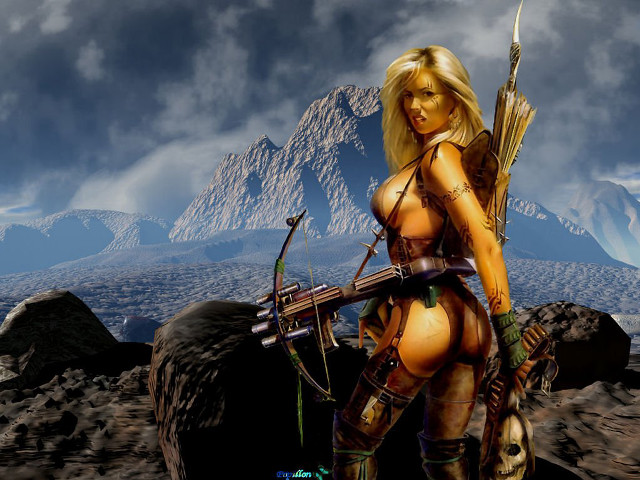 Woman bow arrow desert mountains free wallpaper for desktop - medium preview image