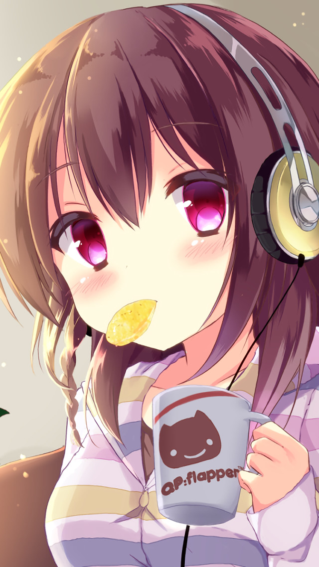 Girl headphones coffee cookie mug free wallpaper for mobile - medium preview image