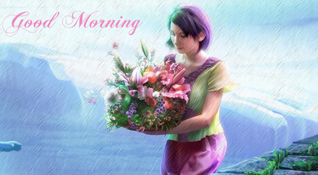 Woman holding bouquet good morning free wallpaper for desktop - medium preview image