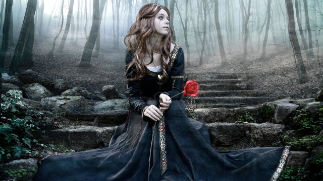 Woman long dress holding rose free wallpaper for desktop - medium preview image