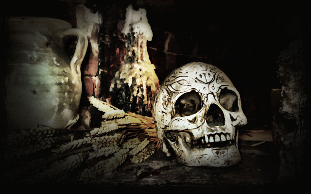 Skull vases table dark room free wallpaper for desktop - medium preview image