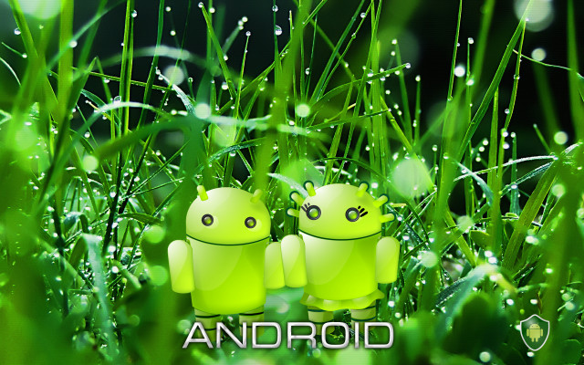 Two green androids sitting grass free wallpaper for desktop - medium preview image
