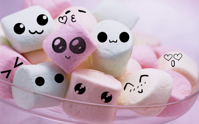 Marshmallows with faces bowl hearts free wallpaper for desktop - medium preview image