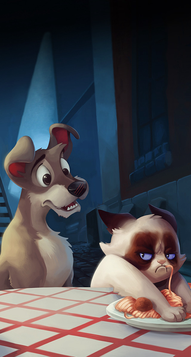 Cartoon dog cat eating food free wallpaper for mobile - medium preview image