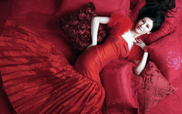 Woman red dress red bed #2 free wallpaper for desktop - medium preview image